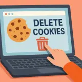 Ręka klika ikonę kosza na śmieci na ekranie laptopa, obok ciasteczka i napisu "DELETE COOKIES". Dowiedz się, jak wyczyścić pliki cookies.