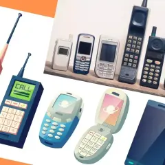 Ewolucja od pierwszego telefonu komórkowego do smartfona. Kolekcja starych i nowych modeli telefonów.