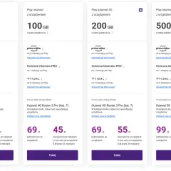 Oferty pakietów internetu Play z urządzeniem: 70 GB za 1 zł, 100 GB za 69 zł, 200 GB za 69 zł, 500 GB za 99 zł.