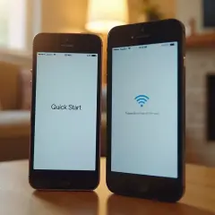 Dwa iPhone'y obok siebie, jeden z napisem "Quick Start", drugi z ikoną Wi-Fi. Pokazują, jak przenieść dane z iPhone na iPhone.