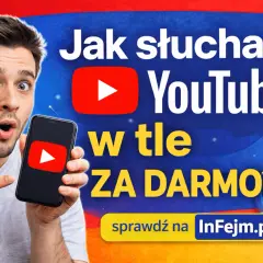 Chłopak z zaskoczoną miną pokazuje telefon z logo YouTube. Dowiedz się, jak słuchać YouTube w tle za darmo!