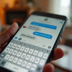 Dłoń trzyma smartfon z otwartą aplikacją SMS. Na ekranie widać okno czatu, a pod nim klawiaturę. To dobry przykład, jak ustawić polskie znaki w SMS.