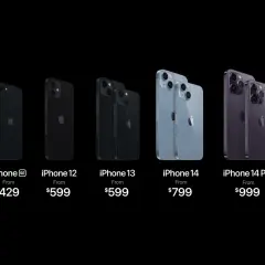 Linia iPhone'ów od SE do 14 Pro, z cenami. Premiera iPhone 14 w kolorze niebieskim i fioletowym.