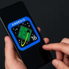 Na ekranie smartfona widnieje logo Android 16, sugerujące jaki jest najnowszy android.