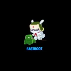 Biały królik w wojskowej czapce i goglach, trzymający smycz zielonego robota Androida. Napis FASTBOOT.