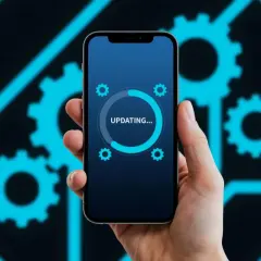 Dłoń trzyma smartfon z ekranem pokazującym proces "UPDATING...", co ilustruje, jak zaktualizować aplikacje.