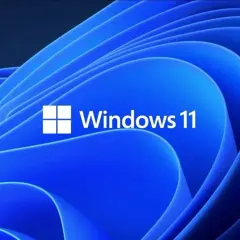 Niebieskie, faliste tło z białym logo i napisem "Windows 11". Ten klucz Windows 11 otwiera drzwi do nowoczesnego systemu.