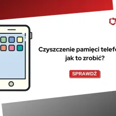 Ilustracja telefonu z ikonami aplikacji. Tekst: "Czyszczenie pamięci telefonu – jak to zrobić?". Przycisk "Sprawdź".