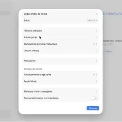 Kliknij "Subskrypcje", aby dowiedzieć się, jak anulować subskrypcję. Widok pokazuje menu z opcjami konta.