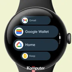 Zegarek z Wear OS pokazuje menu z aplikacjami: Gmail, Google Wallet, Home i Keep.