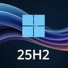 Logo Windows 11 25H2 na tle falujących, kolorowych linii.