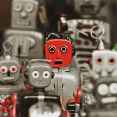 Kolekcja robotów zabawek, w tym jeden czerwony z przerażonym wyrazem twarzy, przypomina teorię martwego internetu.