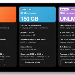Trzy pakiety orange flex: 75 GB za 35 zł, 150 GB za 50 zł i UNLMTD za 80 zł, z opcją internetu bez limitu i dodatkowymi kartami SIM.