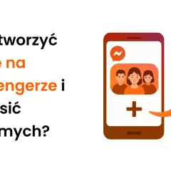 Jak utworzyć grupę na Messengerze i zaprosić znajomych? Ilustracja pokazuje telefon z ikonami grup i dodawania.