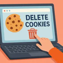 Ręka klika ikonę kosza na śmieci na ekranie laptopa, obok ciasteczka i napisu "DELETE COOKIES". Dowiedz się, jak wyczyścić pliki cookies.