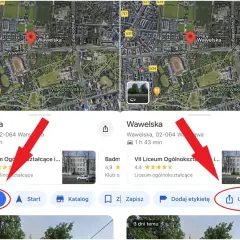 Czerwona pinezka na mapie Google wskazuje lokalizację Wawelska. Obok przycisk "Trasa" i "Udostępnij".