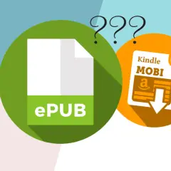 Dylemat: ePub czy MOBI dla Kindle? Ikony symbolizują formaty plików, a znaki zapytania sugerują wybór.