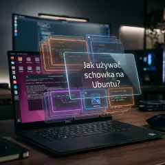 Na ekranie laptopa z Ubuntu wyświetla się pytanie: "Jak używać schowka?". Wirtualne okna z kodem i ikonami unoszą się nad klawiaturą.