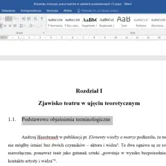 Jak zrobic spis treści w Word? Widok dokumentu z nagłówkami "Rozdział I" i "1.1. Podstawowe objaśnienia terminologiczne".