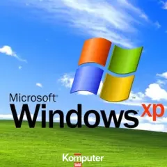 Ikoniczny krajobraz z zielonym wzgórzem i błękitnym niebem z chmurami, z logo Microsoft Windows XP.