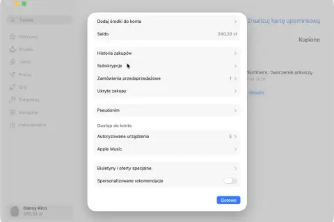 Kliknij "Subskrypcje", aby dowiedzieć się, jak anulować subskrypcję. Widok pokazuje menu z opcjami konta.