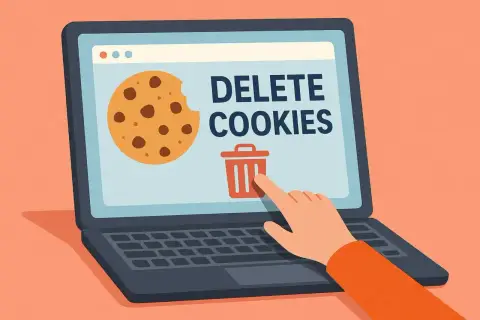 Ręka klika ikonę kosza na śmieci na ekranie laptopa, obok ciasteczka i napisu "DELETE COOKIES". Dowiedz się, jak wyczyścić pliki cookies.