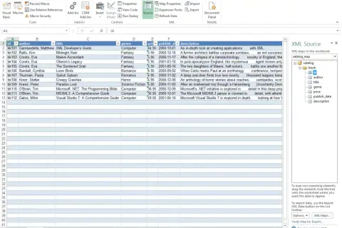 Arkusz kalkulacyjny z danymi książek, obok panel XML Source, pokazujący strukturę pliku XML.