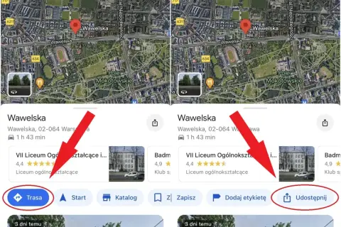 Czerwona pinezka na mapie Google wskazuje lokalizację Wawelska. Obok przycisk "Trasa" i "Udostępnij".