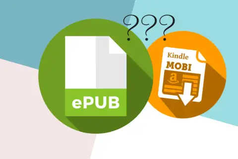 Dylemat: ePub czy MOBI dla Kindle? Ikony symbolizują formaty plików, a znaki zapytania sugerują wybór.