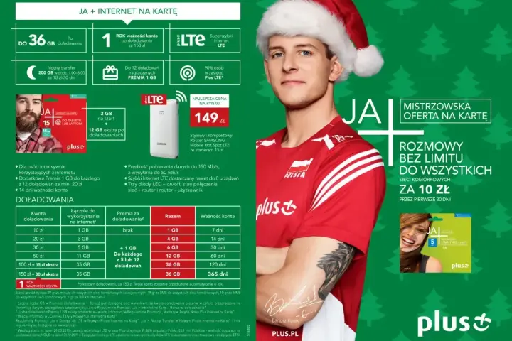 Plus oferuje internet na kartę z 36 GB na start i roczną ważnością konta po doładowaniu za 150 zł. Dodatkowo, elastyczna oferta na kartę zapewnia nielimitowane rozmowy za 10 zł przez pierwsze 30 dni.
