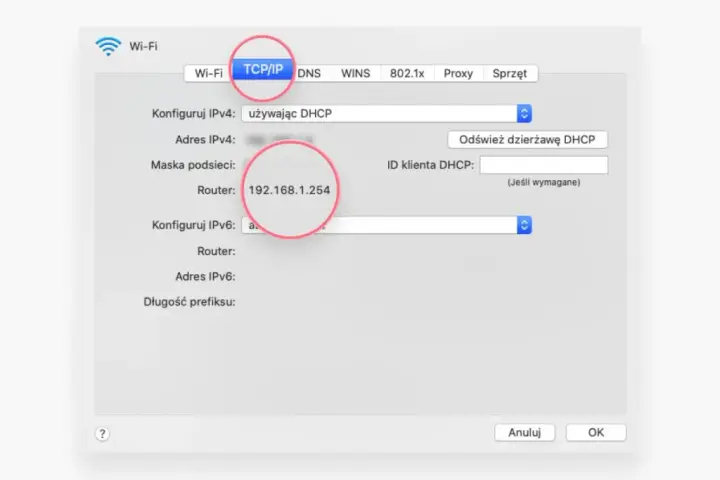 Ustawienia sieciowe TCP/IP, gdzie widoczny jest adres ip routera 192.168.1.254.