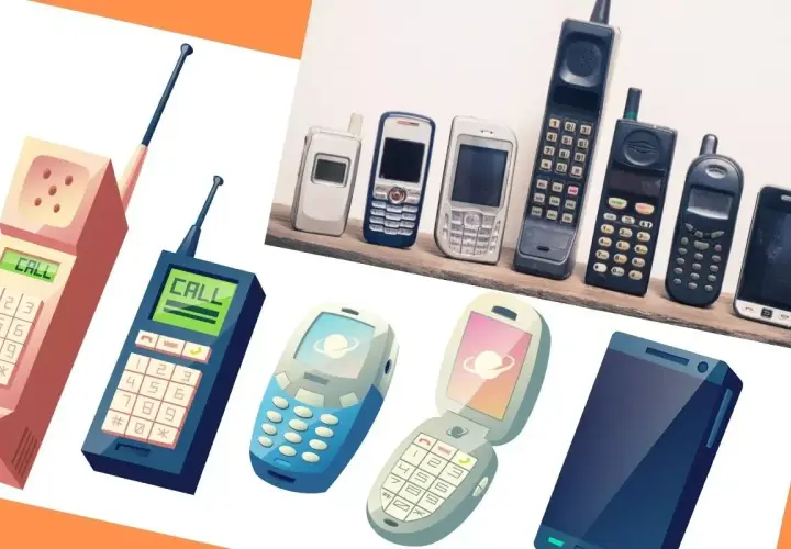 Ewolucja od pierwszego telefonu komórkowego do smartfona. Kolekcja starych i nowych modeli telefonów.