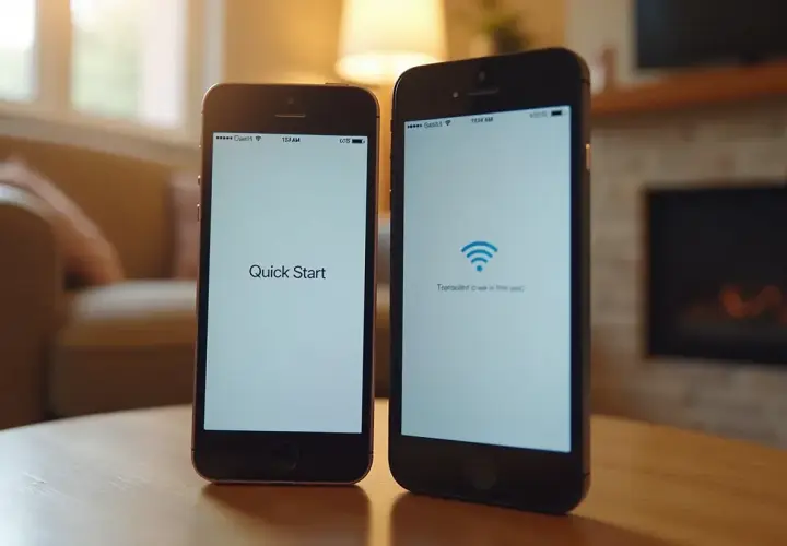 Dwa iPhone'y obok siebie, jeden z napisem "Quick Start", drugi z ikoną Wi-Fi. Pokazują, jak przenieść dane z iPhone na iPhone.