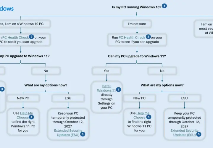 Schemat blokowy Windows: czy można uaktualnić do Windows 11, opcje ESU i nowe PC.