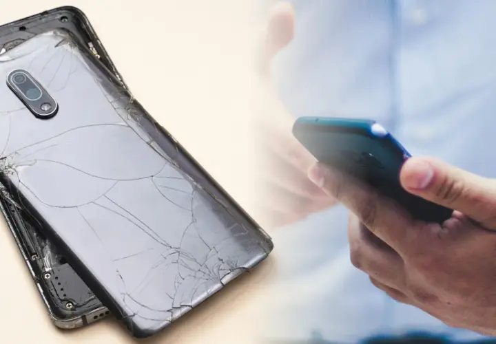 Rozbite plecy telefonu obok dłoni trzymającej sprawny smartfon. Ubezpieczenie telefonu to spokój ducha.