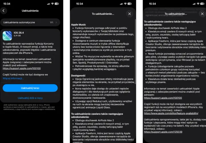 Aktualizacja iOS 26.4 wprowadza funkcję Koncerty w Apple Music, nowe emoji i poprawki.