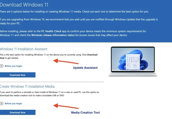 Asystent instalacji Windows 11 ułatwia aktualizację systemu. Możesz też pobrać narzędzie do tworzenia nośnika instalacyjnego.