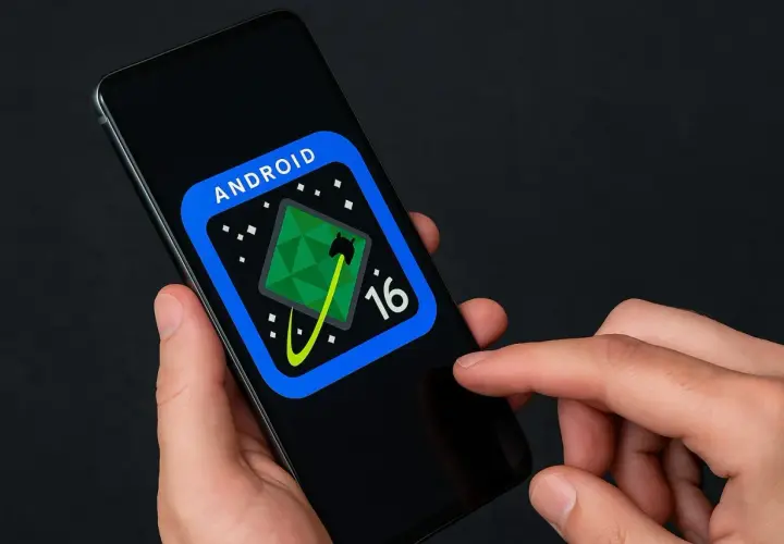 Na ekranie smartfona widnieje logo Android 16, sugerujące jaki jest najnowszy android.