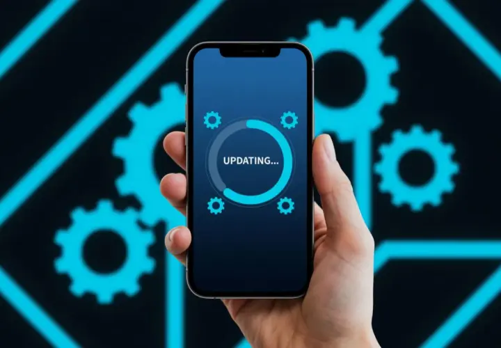 Dłoń trzyma smartfon z ekranem pokazującym proces "UPDATING...", co ilustruje, jak zaktualizować aplikacje.