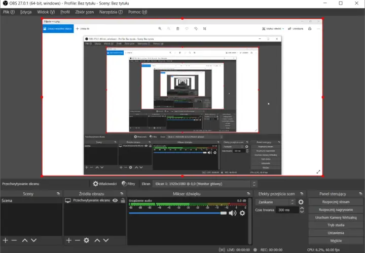 Nagrywanie ekranu w OBS Studio. Widok okna programu z podglądem nagrania, mikserem dźwięku i panelem sterowania.