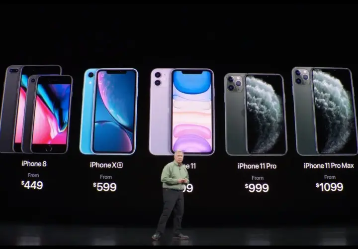 Prezentacja iPhone 11 i modeli Pro. Widoczne ceny i design telefonów.
