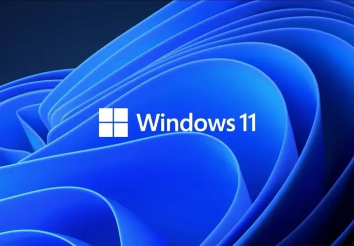 Niebieskie, faliste tło z białym logo i napisem "Windows 11". Ten klucz Windows 11 otwiera drzwi do nowoczesnego systemu.