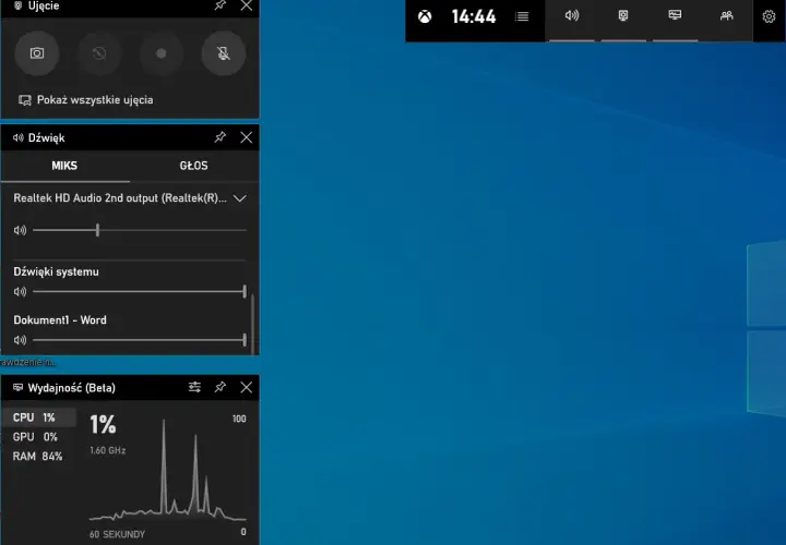 Zrzut ekranu Windows 10 z widocznymi panelami Ujęcie, Dźwięk i Wydajność (Beta).