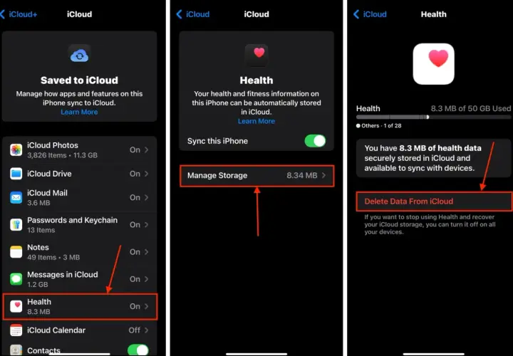 Jak usunąć aplikacje z iPhone: przejdź do Ustawienia > [Twoje imię] > iCloud > Zarządzaj przechowywaniem > Zdrowie > Usuń dane z iCloud.