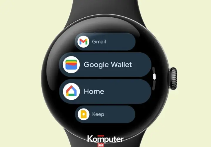 Zegarek z Wear OS pokazuje menu z aplikacjami: Gmail, Google Wallet, Home i Keep.