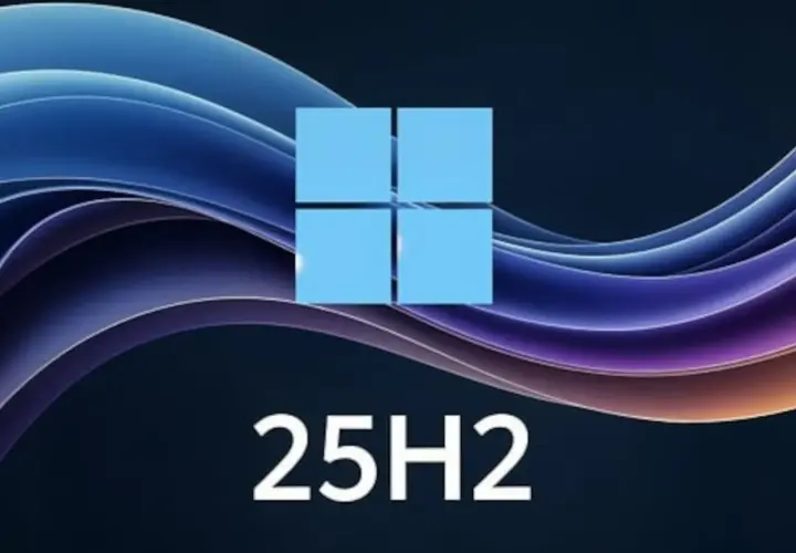 Logo Windows 11 25H2 na tle falujących, kolorowych linii.