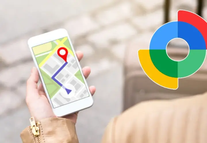 Szukam drogi, gdzie jest mój telefon? Na ekranie smartfona mapa z zaznaczoną trasą i ikoną lokalizacji. Obok kolorowe logo.