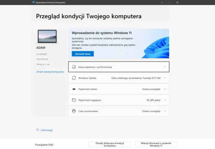 Sprawdzenie kondycji komputera pod kątem wymagań Windows 11. Widok zawiera informacje o sprzęcie i stanie systemu.