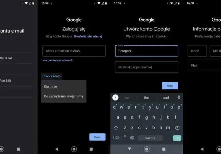 Ekran konfiguracji konta e-mail, pokazujący kroki, jak założyć maila w Google. Wpisujesz dane osobowe i datę urodzenia.