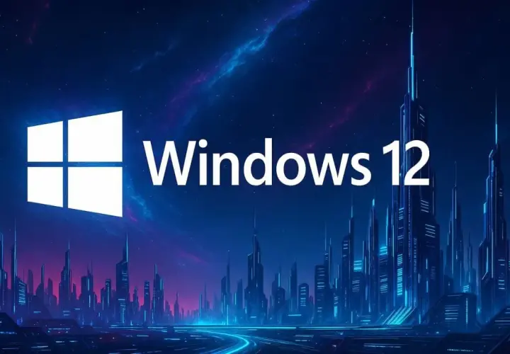 Futurystyczne miasto nocą, oświetlone neonami, z logo Windows 12 na tle kosmicznego nieba.